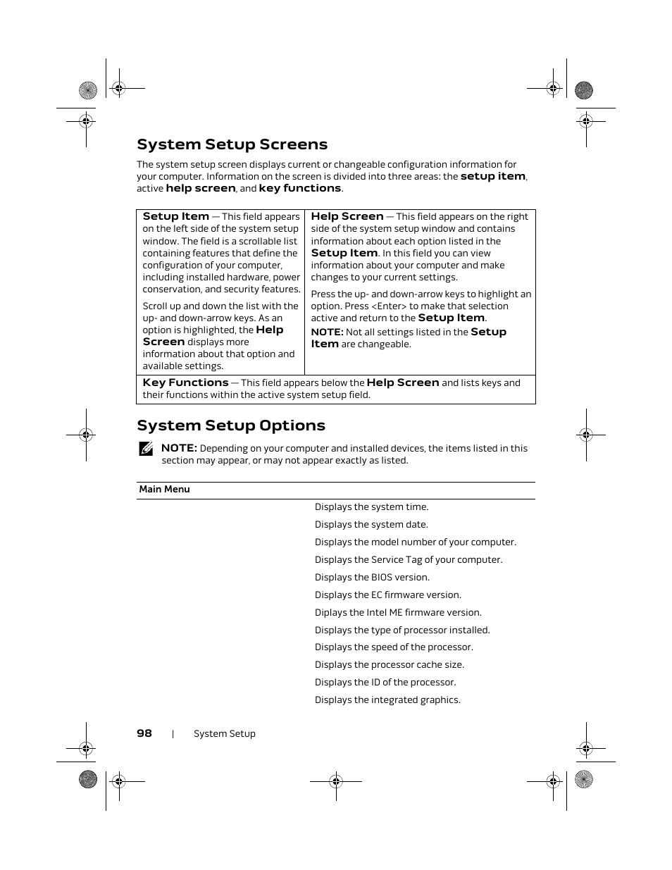 System setup screens, System setup options | Dell Alienware M18x R2 (Early 2012) User Manual | Page 96 / 103