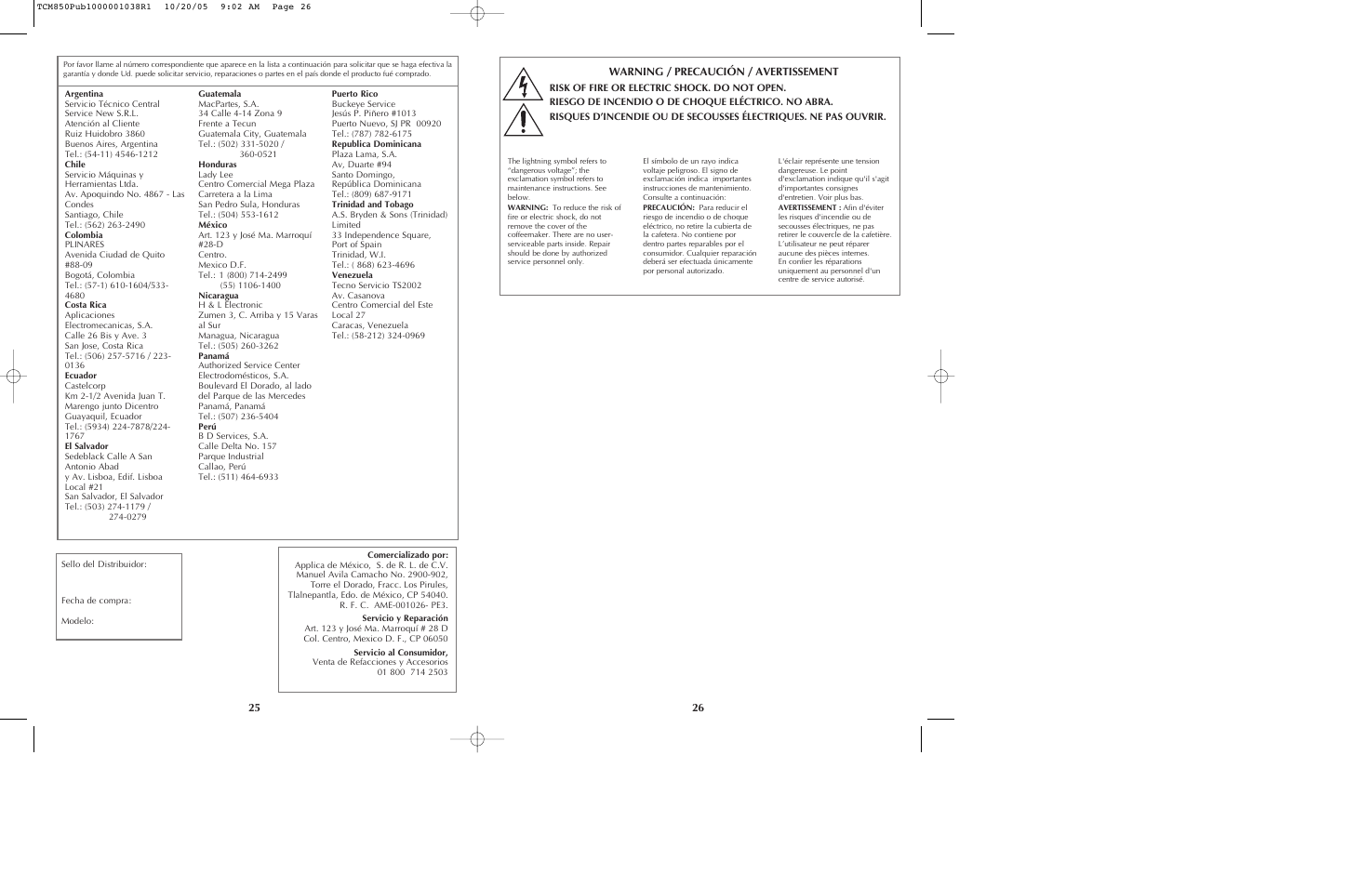 25 26 warning / precaución / avertissement | Black & Decker TCMKT850C User Manual | Page 14 / 15