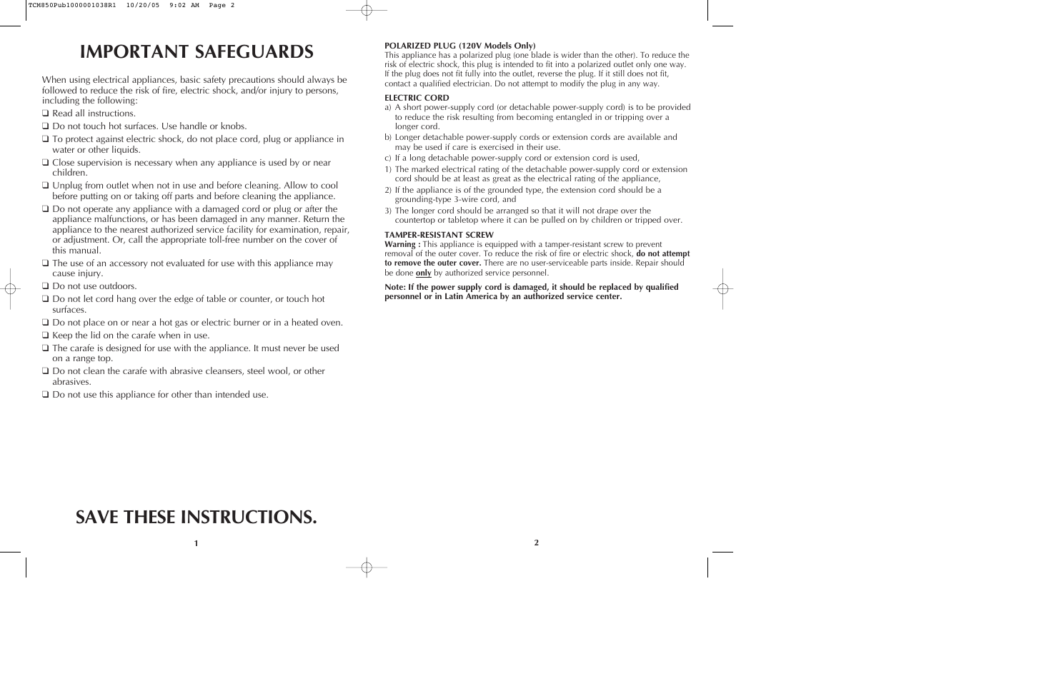 Important safeguards, Save these instructions | Black & Decker TCMKT850C User Manual | Page 2 / 15