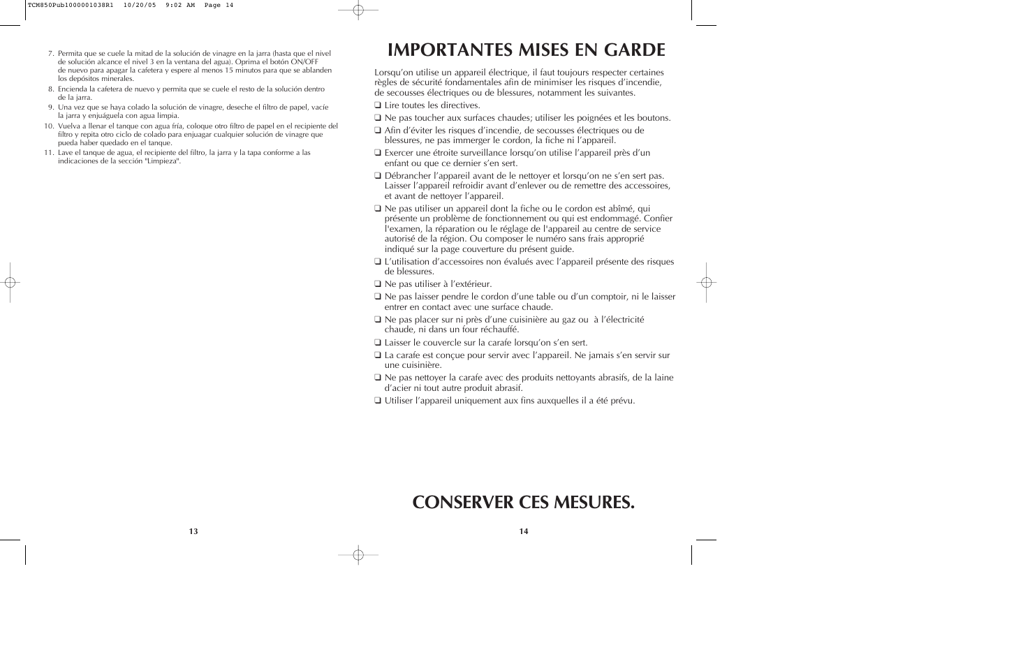 Importantes mises en garde conserver ces mesures | Black & Decker TCMKT850C User Manual | Page 8 / 15