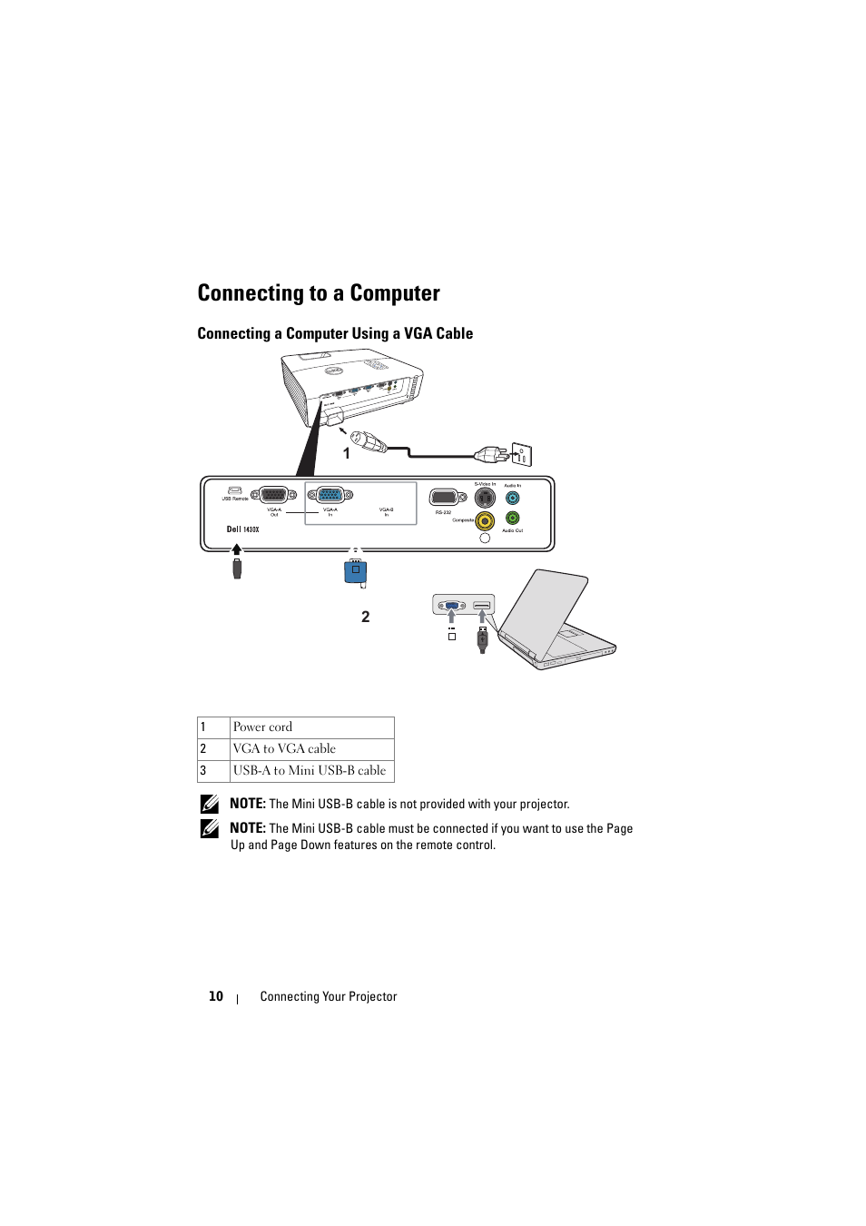 Connecting to a computer, Connecting a computer using a vga cable | Dell 1420X Projector User Manual | Page 10 / 63