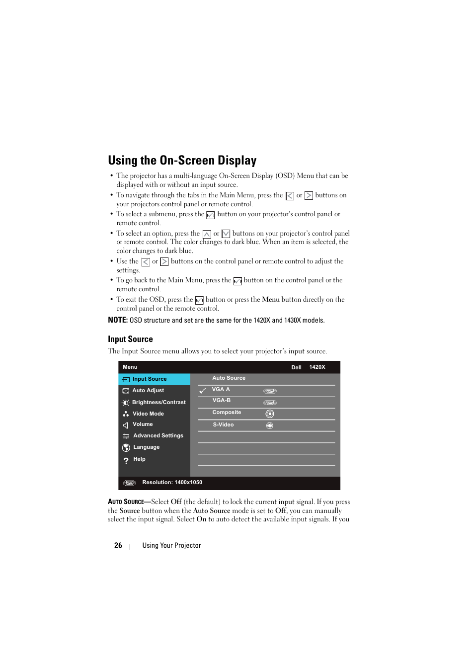 Using the on-screen display, Input source | Dell 1420X Projector User Manual | Page 26 / 63