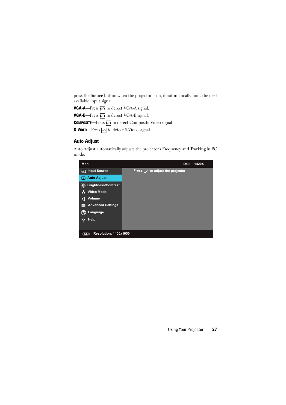 Auto adjust | Dell 1420X Projector User Manual | Page 27 / 63
