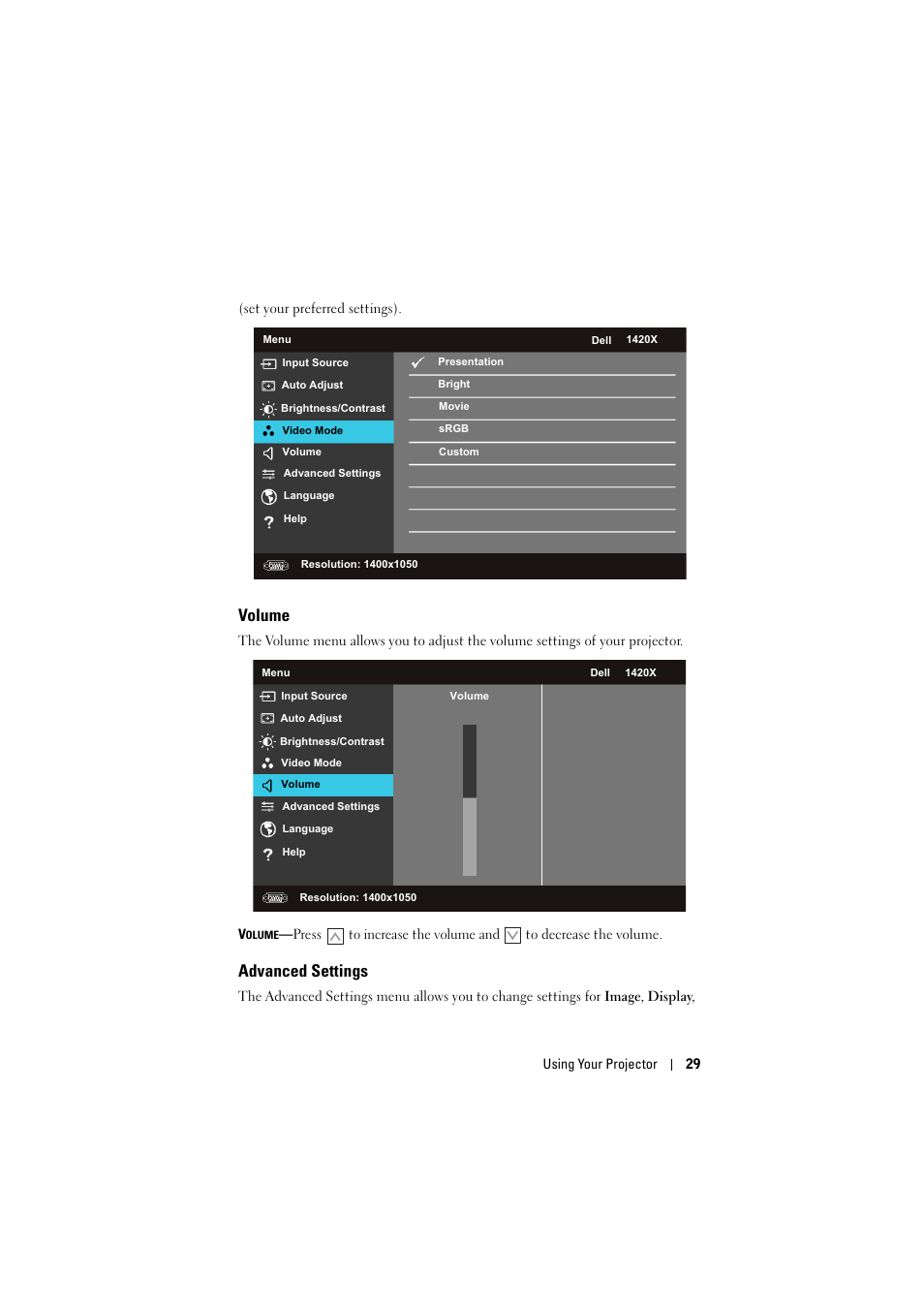 Volume, Advanced settings | Dell 1420X Projector User Manual | Page 29 / 63