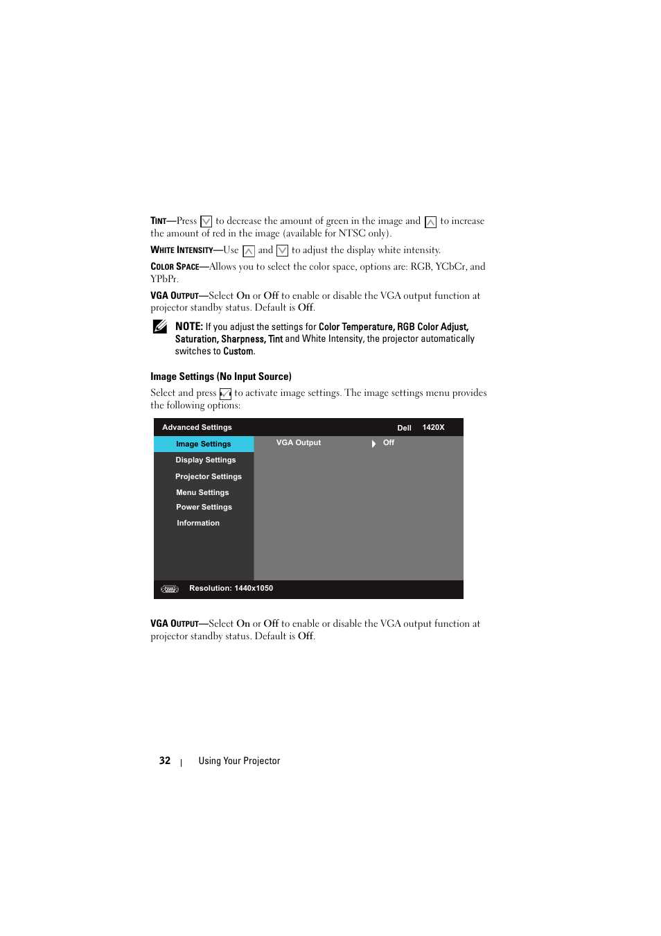 Image settings (no input source) | Dell 1420X Projector User Manual | Page 32 / 63