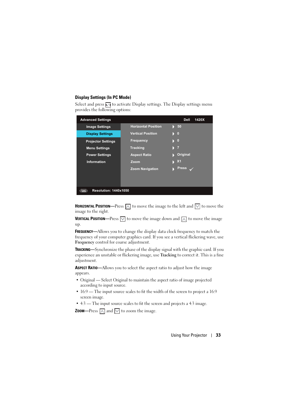 Display settings (in pc mode) | Dell 1420X Projector User Manual | Page 33 / 63