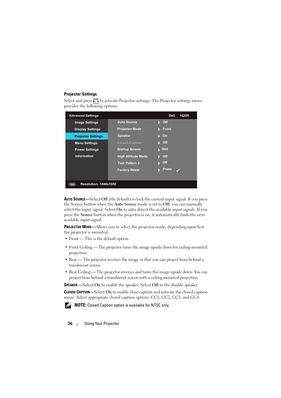 Projector settings | Dell 1420X Projector User Manual | Page 36 / 63