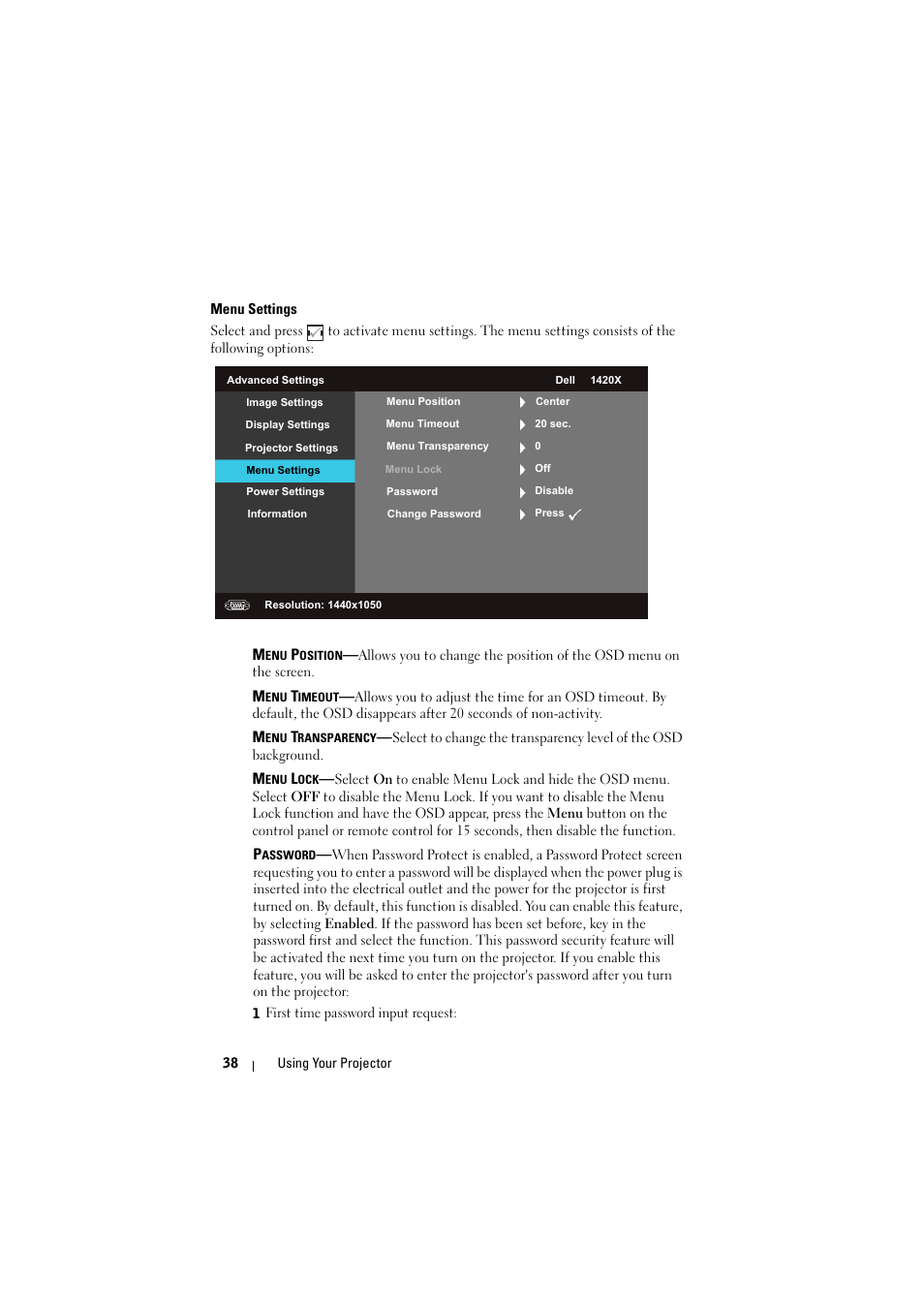 Menu settings | Dell 1420X Projector User Manual | Page 38 / 63