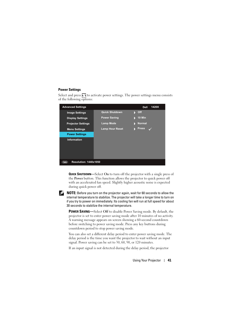 Power settings | Dell 1420X Projector User Manual | Page 41 / 63