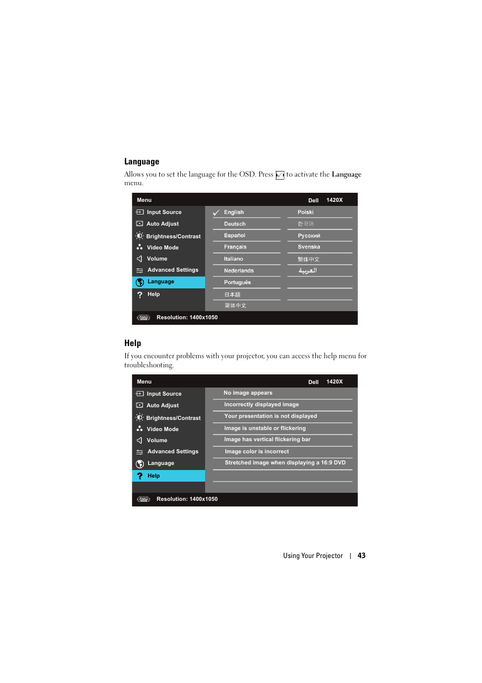 Language, Help | Dell 1420X Projector User Manual | Page 43 / 63