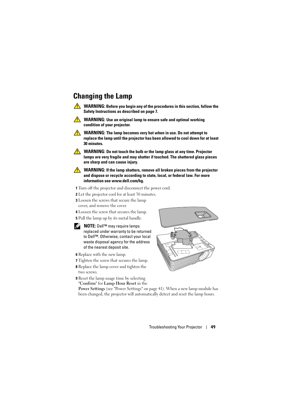 Changing the lamp | Dell 1420X Projector User Manual | Page 49 / 63