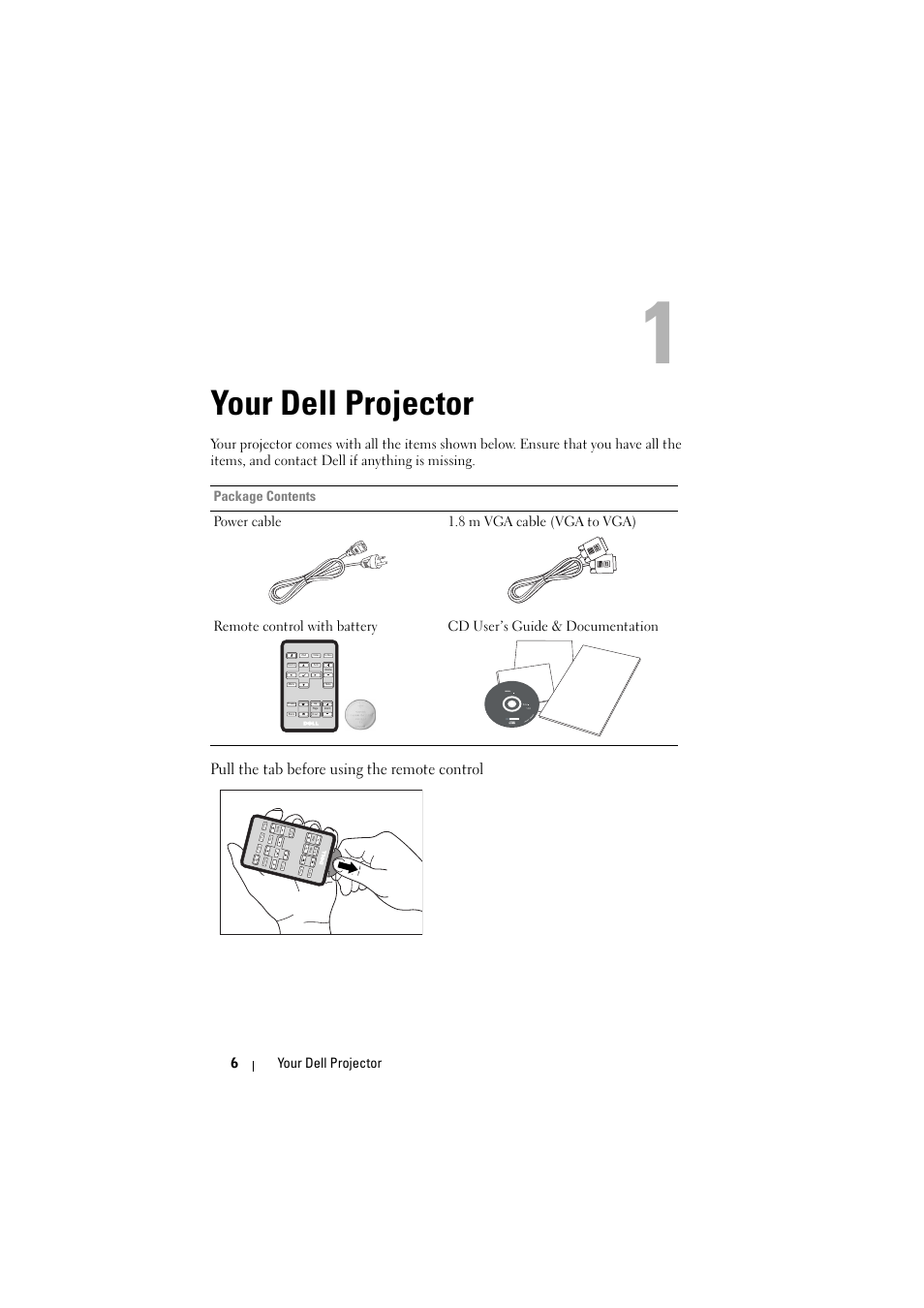 Your dell projector, Pull the tab before using the remote control, Your dell projector 6 | Dell 1420X Projector User Manual | Page 6 / 63