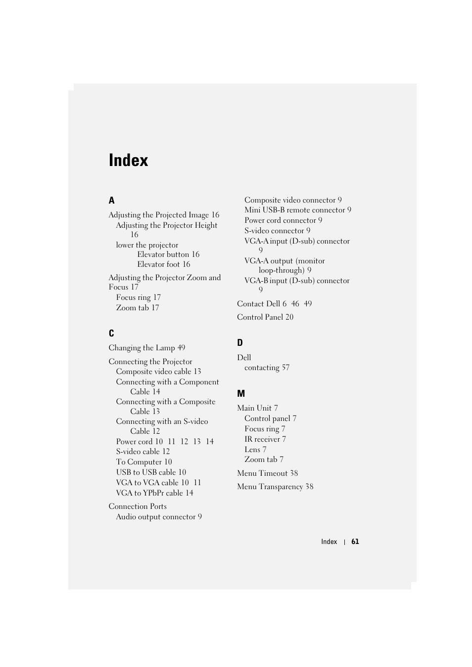 Index | Dell 1420X Projector User Manual | Page 61 / 63