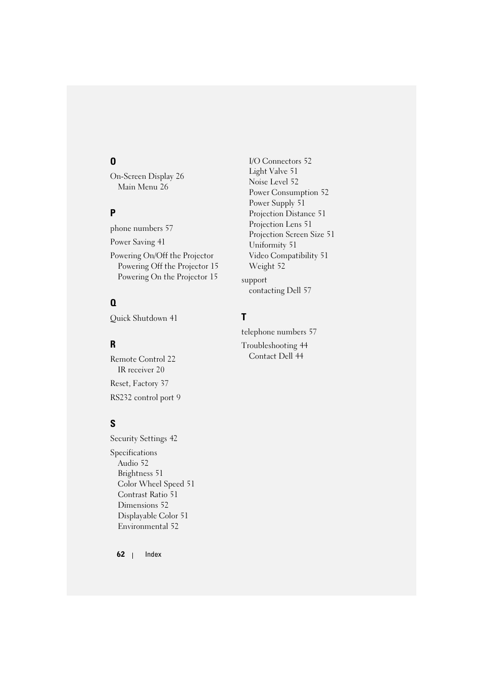Index | Dell 1420X Projector User Manual | Page 62 / 63