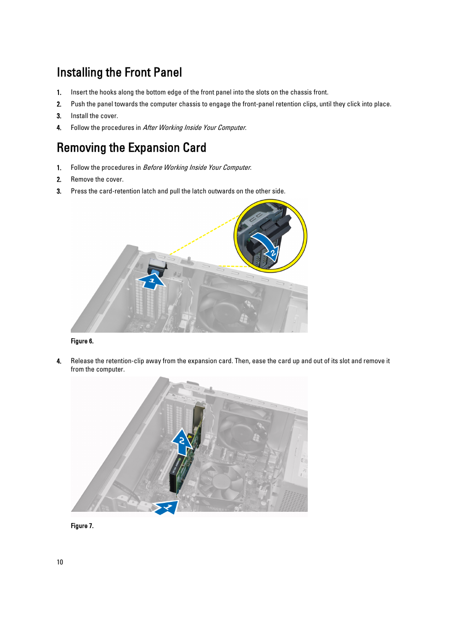 Installing the front panel, Removing the expansion card | Dell Precision T1650 (Mid 2012) User Manual | Page 10 / 55