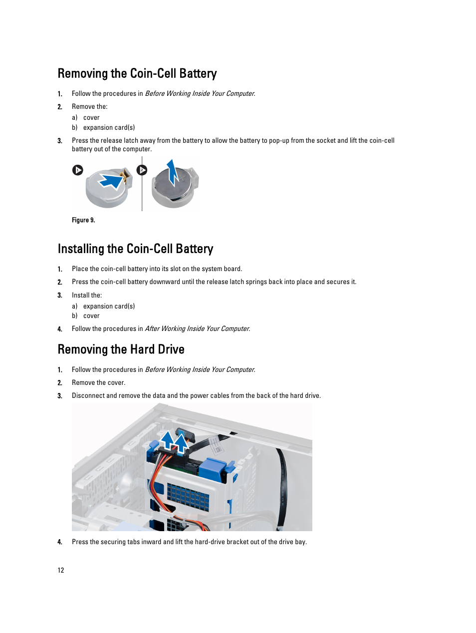 Removing the coin-cell battery, Installing the coin-cell battery, Removing the hard drive | Dell Precision T1650 (Mid 2012) User Manual | Page 12 / 55