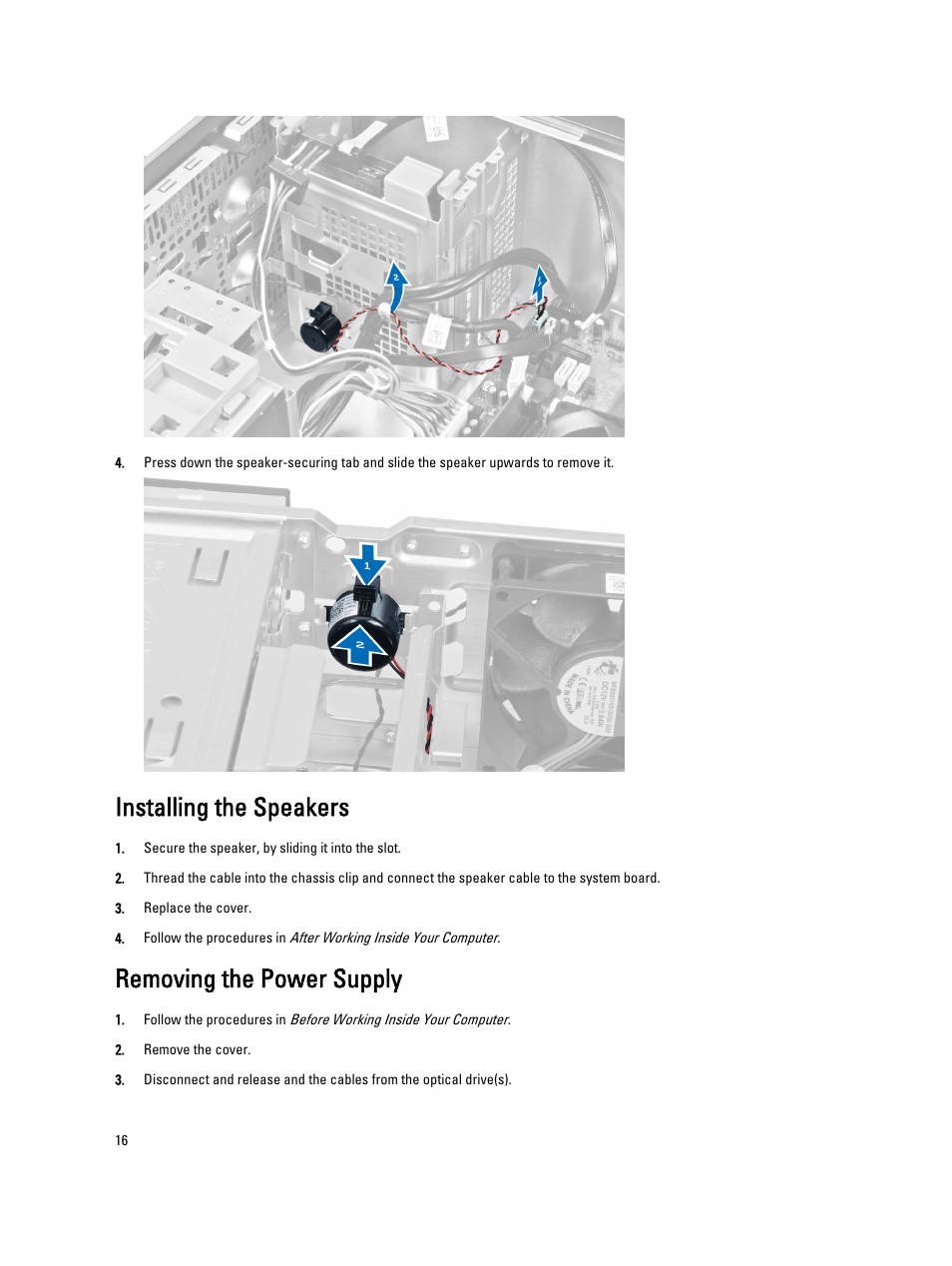 Installing the speakers, Removing the power supply | Dell Precision T1650 (Mid 2012) User Manual | Page 16 / 55