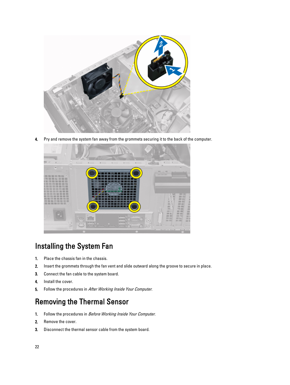 Installing the system fan, Removing the thermal sensor | Dell Precision T1650 (Mid 2012) User Manual | Page 22 / 55