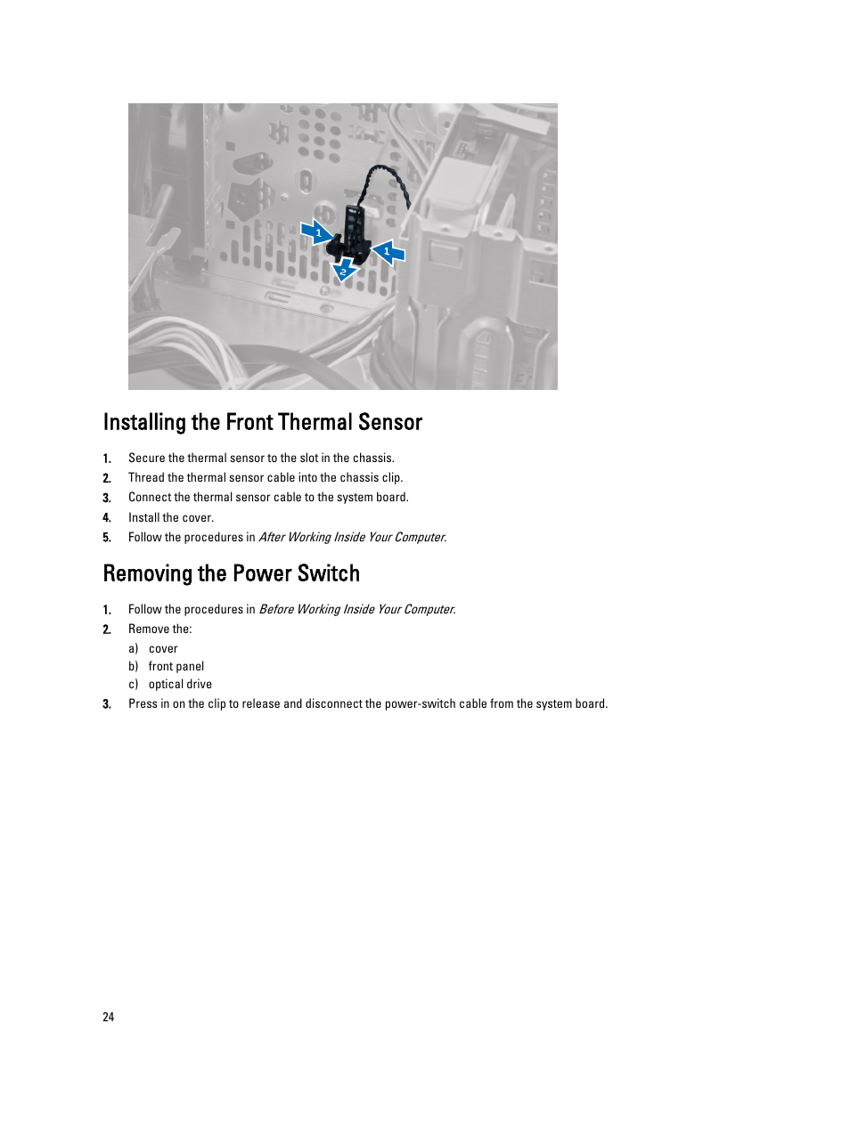 Installing the front thermal sensor, Removing the power switch | Dell Precision T1650 (Mid 2012) User Manual | Page 24 / 55