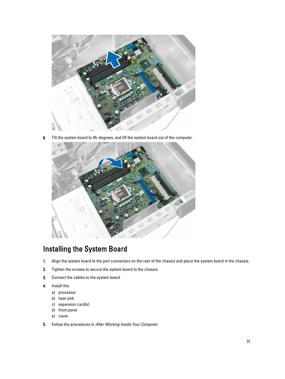 Installing the system board | Dell Precision T1650 (Mid 2012) User Manual | Page 31 / 55