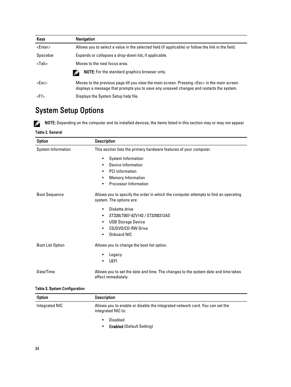 System setup options | Dell Precision T1650 (Mid 2012) User Manual | Page 34 / 55