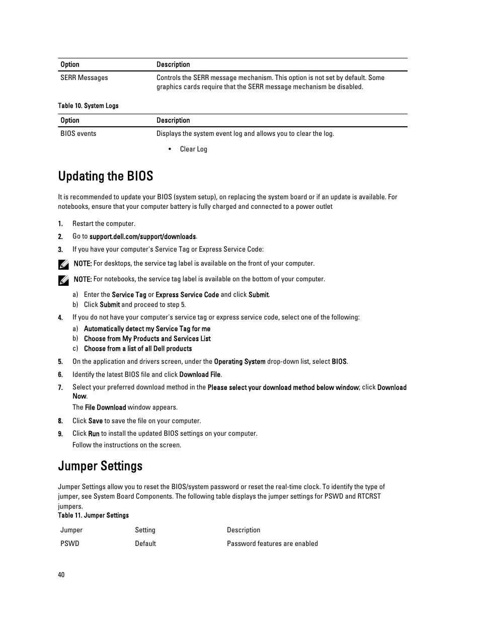 Updating the bios, Jumper settings | Dell Precision T1650 (Mid 2012) User Manual | Page 40 / 55