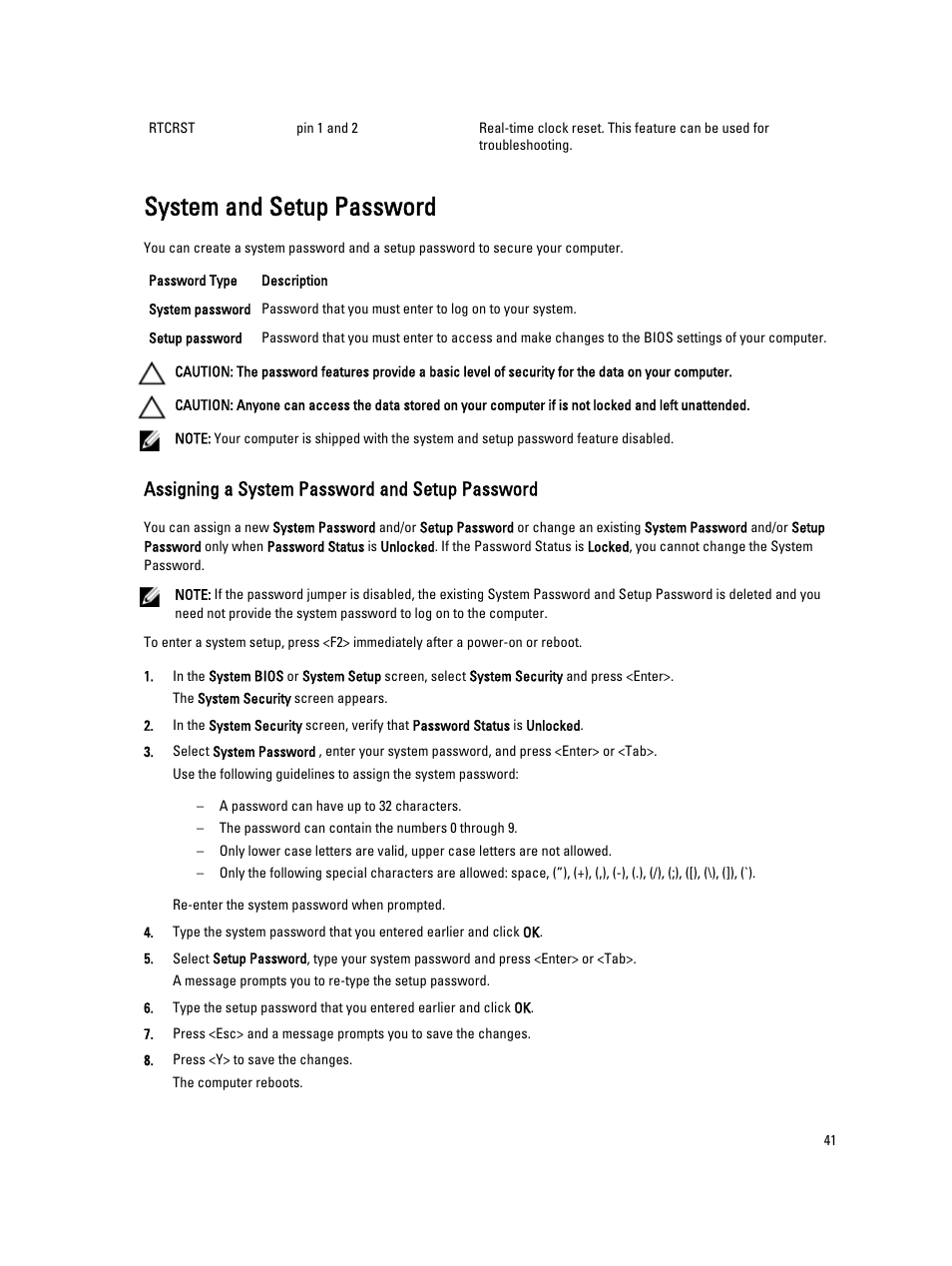 System and setup password, Assigning a system password and setup password | Dell Precision T1650 (Mid 2012) User Manual | Page 41 / 55