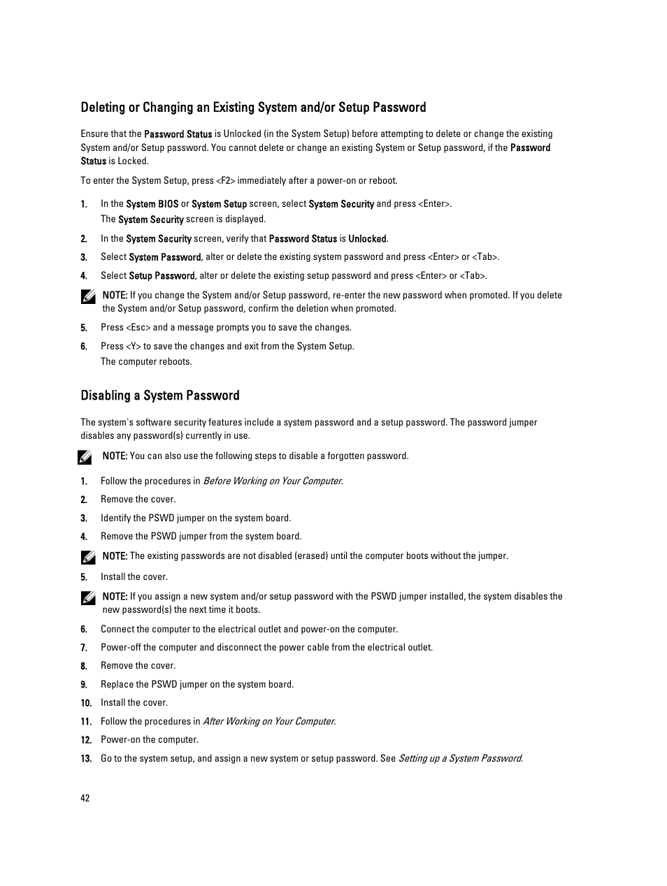 Disabling a system password | Dell Precision T1650 (Mid 2012) User Manual | Page 42 / 55