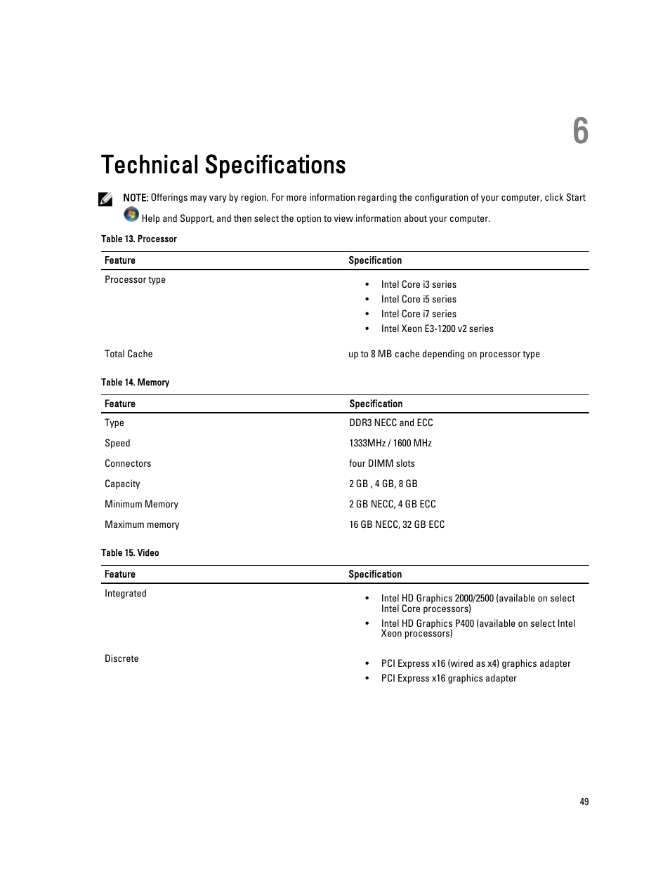 Technical specifications, 6 technical specifications | Dell Precision T1650 (Mid 2012) User Manual | Page 49 / 55