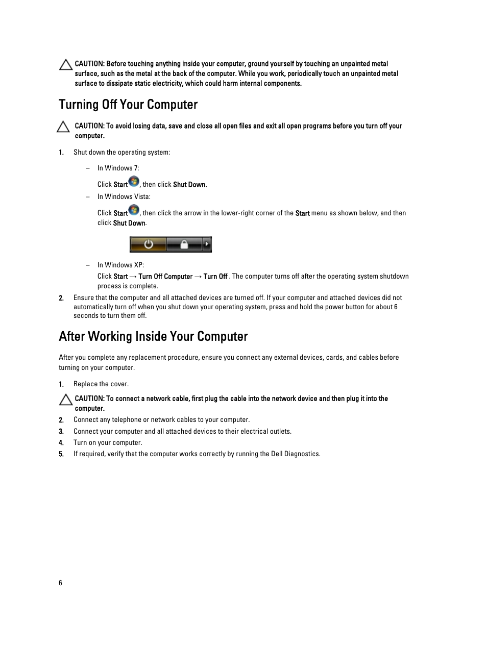 Turning off your computer, After working inside your computer | Dell Precision T1650 (Mid 2012) User Manual | Page 6 / 55