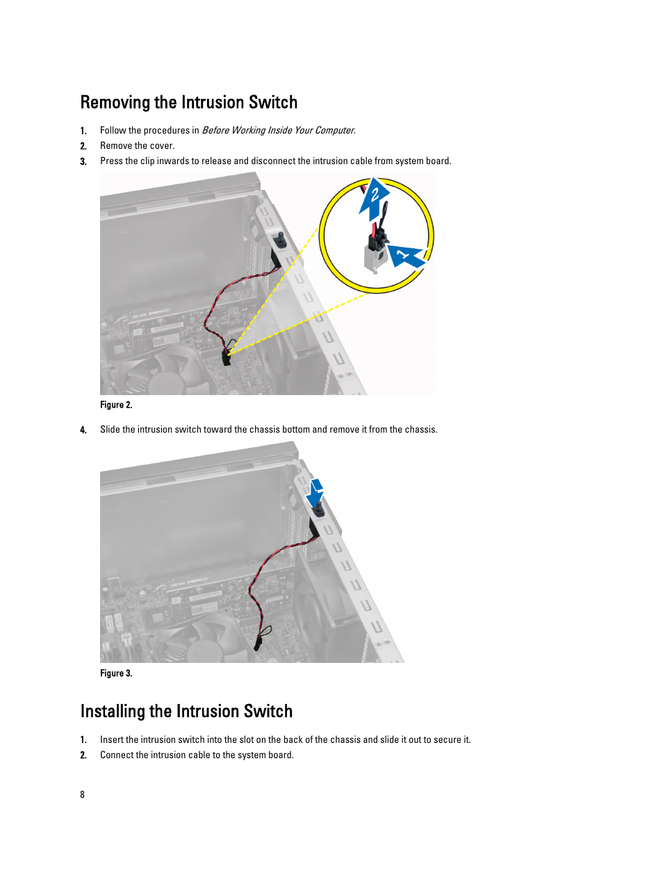 Removing the intrusion switch, Installing the intrusion switch | Dell Precision T1650 (Mid 2012) User Manual | Page 8 / 55