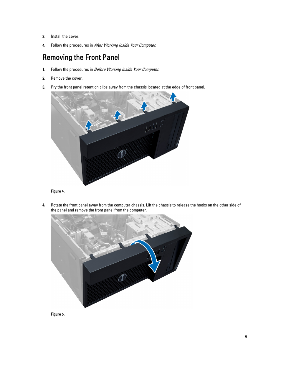 Removing the front panel | Dell Precision T1650 (Mid 2012) User Manual | Page 9 / 55