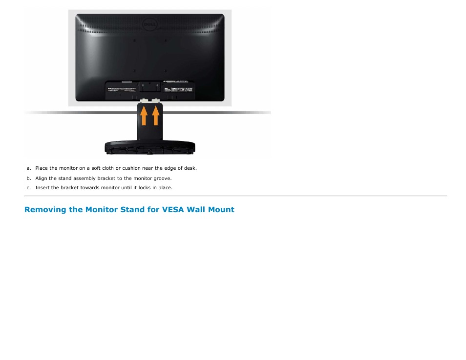 Removing the monitor stand for vesa wall mount | Dell E2013H Monitor User Manual | Page 14 / 51