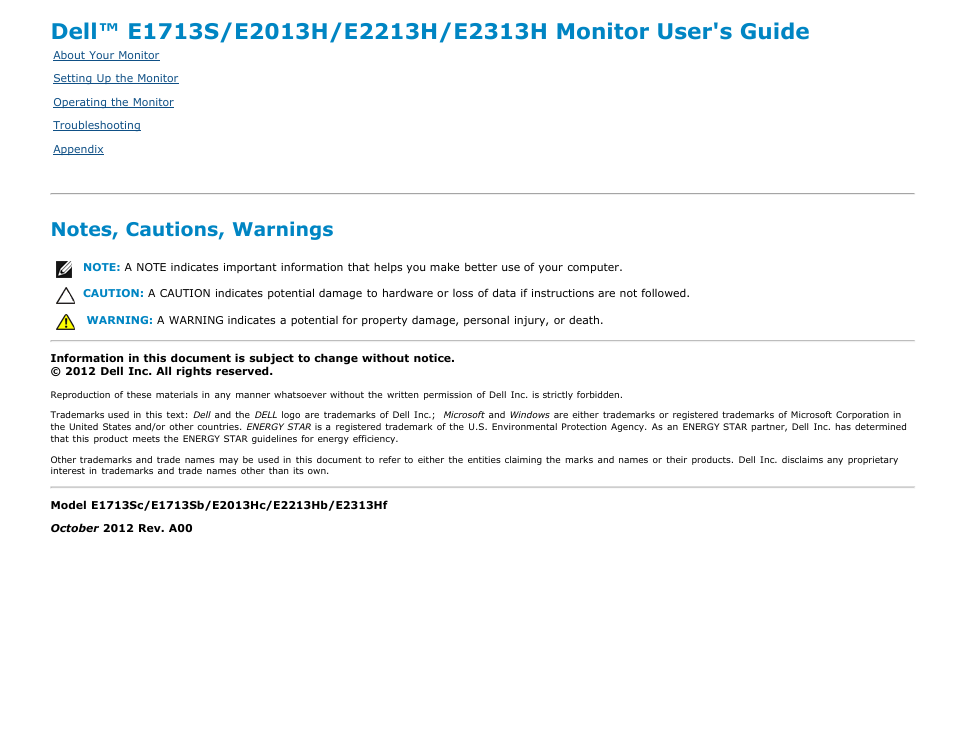 Index | Dell E2013H Monitor User Manual | Page 2 / 51