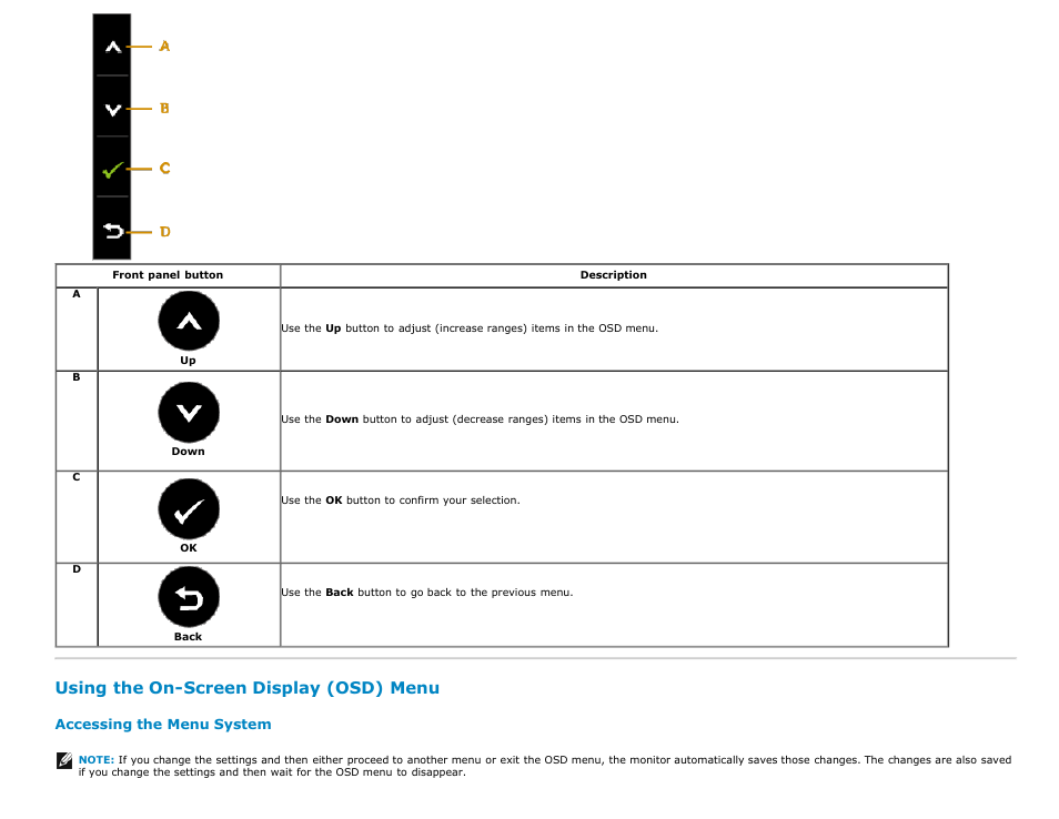 Using the on-screen display (osd) menu, Using the osd menu | Dell E2013H Monitor User Manual | Page 20 / 51