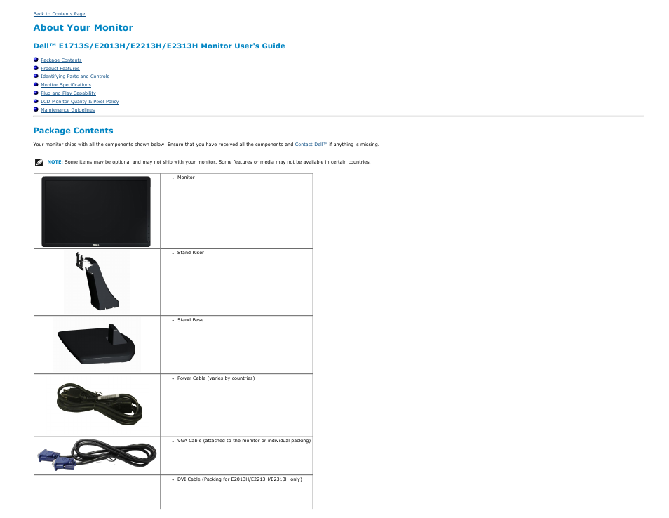 About, About your monitor, Package contents | Dell E2013H Monitor User Manual | Page 3 / 51