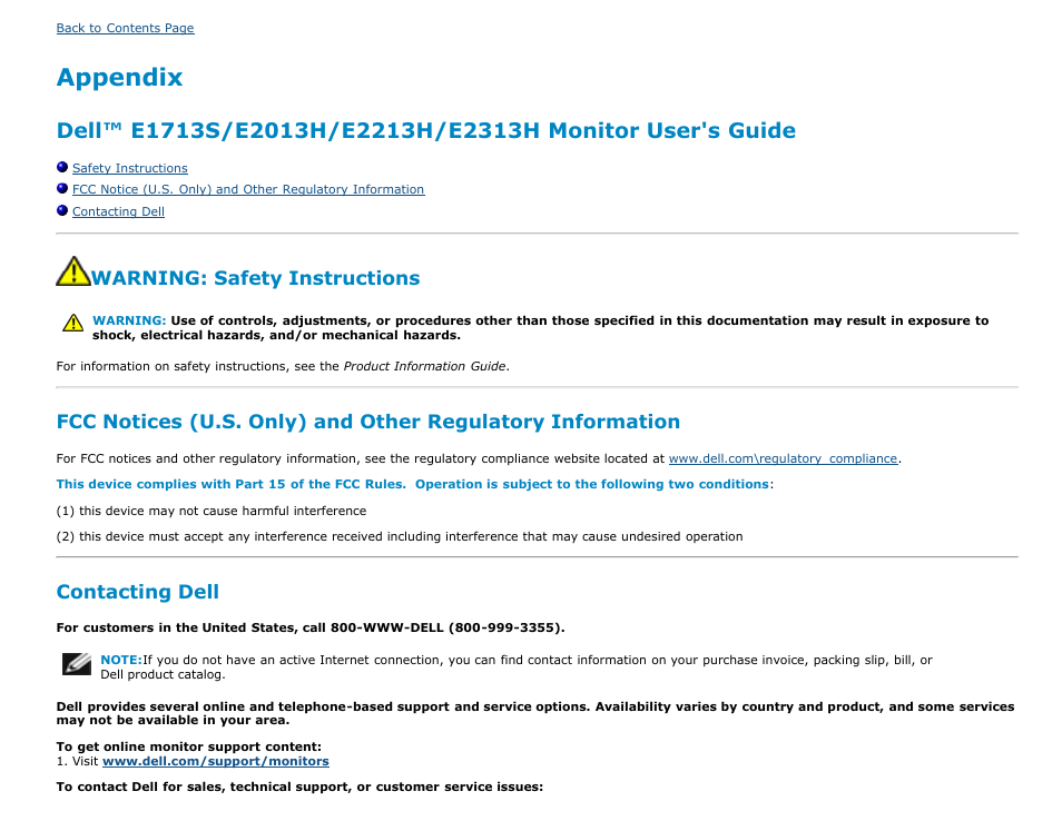 Appendx, Appendix, Contact dell | Safety instructions, Warning: safety instructions, Contacting dell | Dell E2013H Monitor User Manual | Page 47 / 51