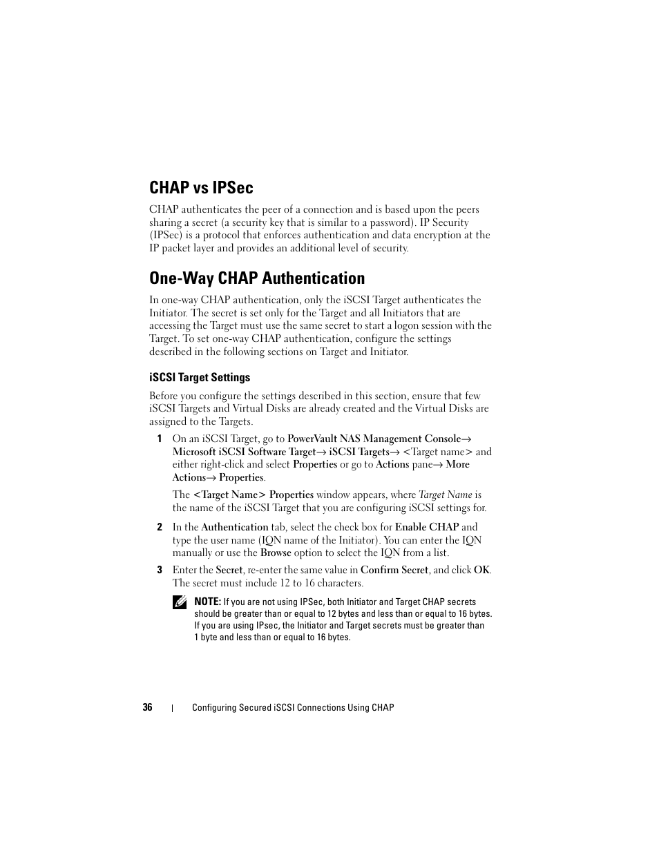 Chap vs ipsec, One-way chap authentication, Iscsi target settings | Dell PowerVault NX3100 User Manual | Page 36 / 56