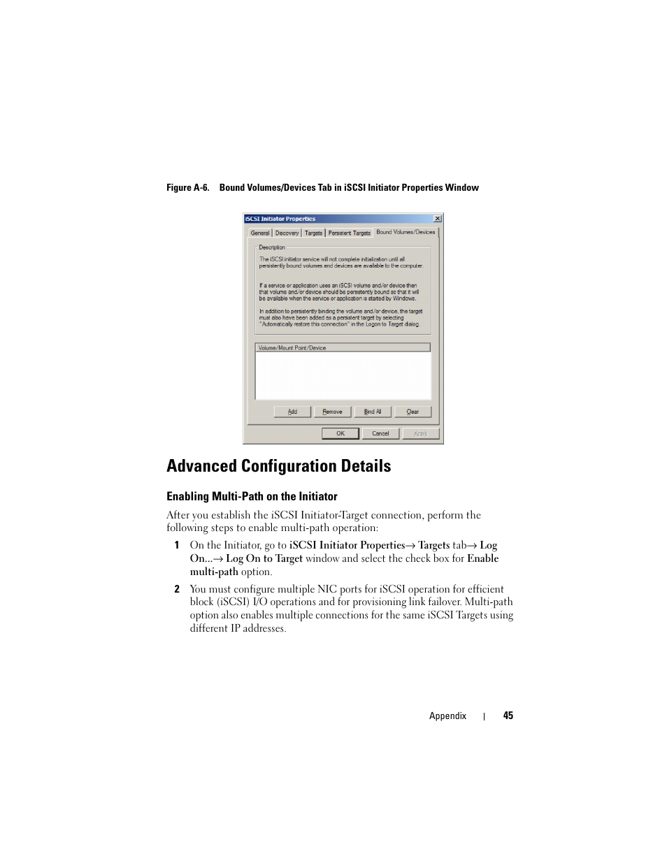 Advanced configuration details, Enabling multi-path on the initiator | Dell PowerVault NX3100 User Manual | Page 45 / 56