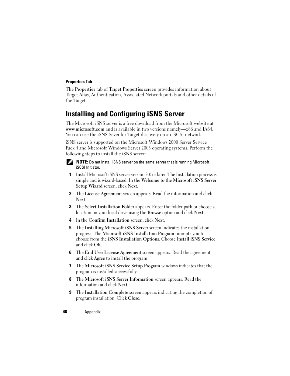 Properties tab, Installing and configuring isns server | Dell PowerVault NX3100 User Manual | Page 48 / 56