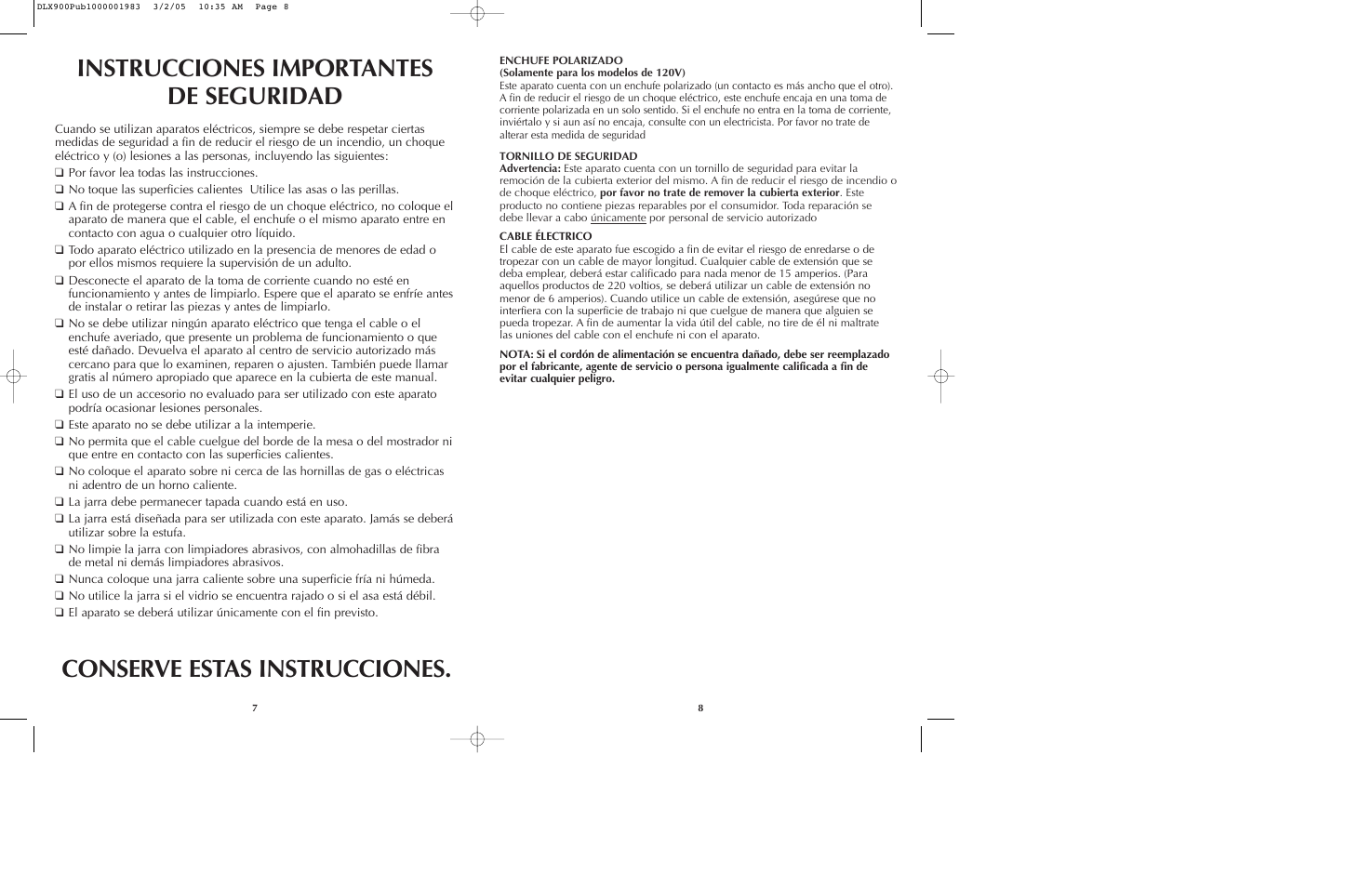 Conserve estas instrucciones, Instrucciones importantes de seguridad | Black & Decker DLX850 DLX900 User Manual | Page 5 / 15