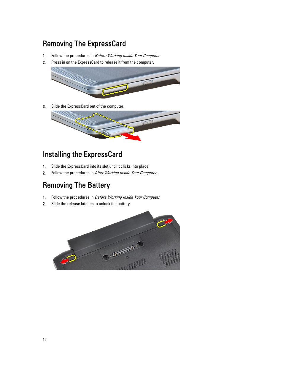 Removing the expresscard, Installing the expresscard, Removing the battery | Dell Latitude E6230 (Mid 2012) User Manual | Page 12 / 81