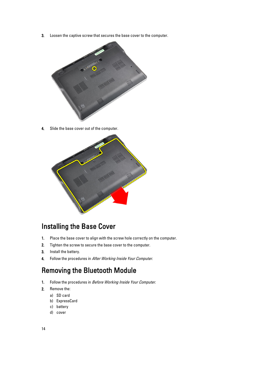 Installing the base cover, Removing the bluetooth module | Dell Latitude E6230 (Mid 2012) User Manual | Page 14 / 81