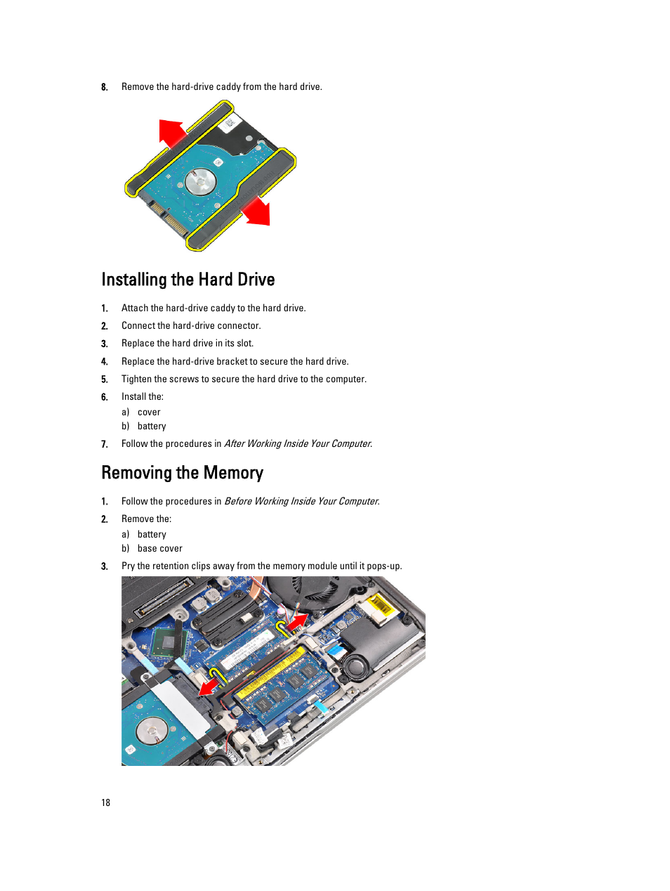 Installing the hard drive, Removing the memory | Dell Latitude E6230 (Mid 2012) User Manual | Page 18 / 81