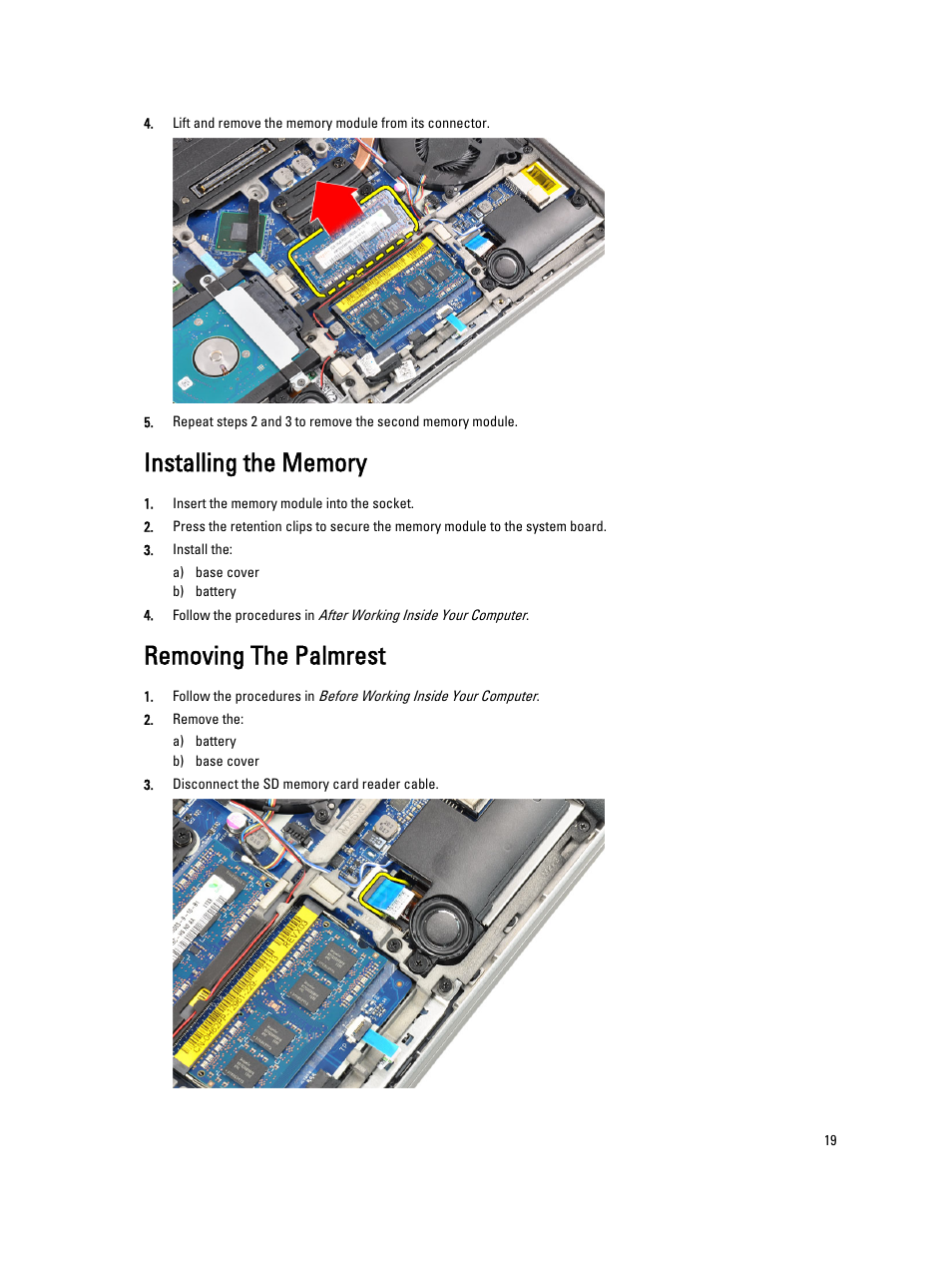 Installing the memory, Removing the palmrest | Dell Latitude E6230 (Mid 2012) User Manual | Page 19 / 81