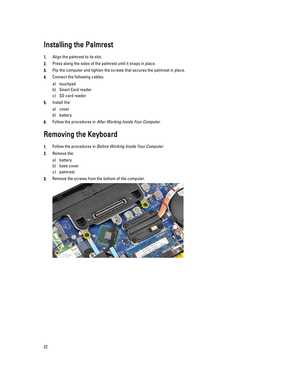 Installing the palmrest, Removing the keyboard | Dell Latitude E6230 (Mid 2012) User Manual | Page 22 / 81