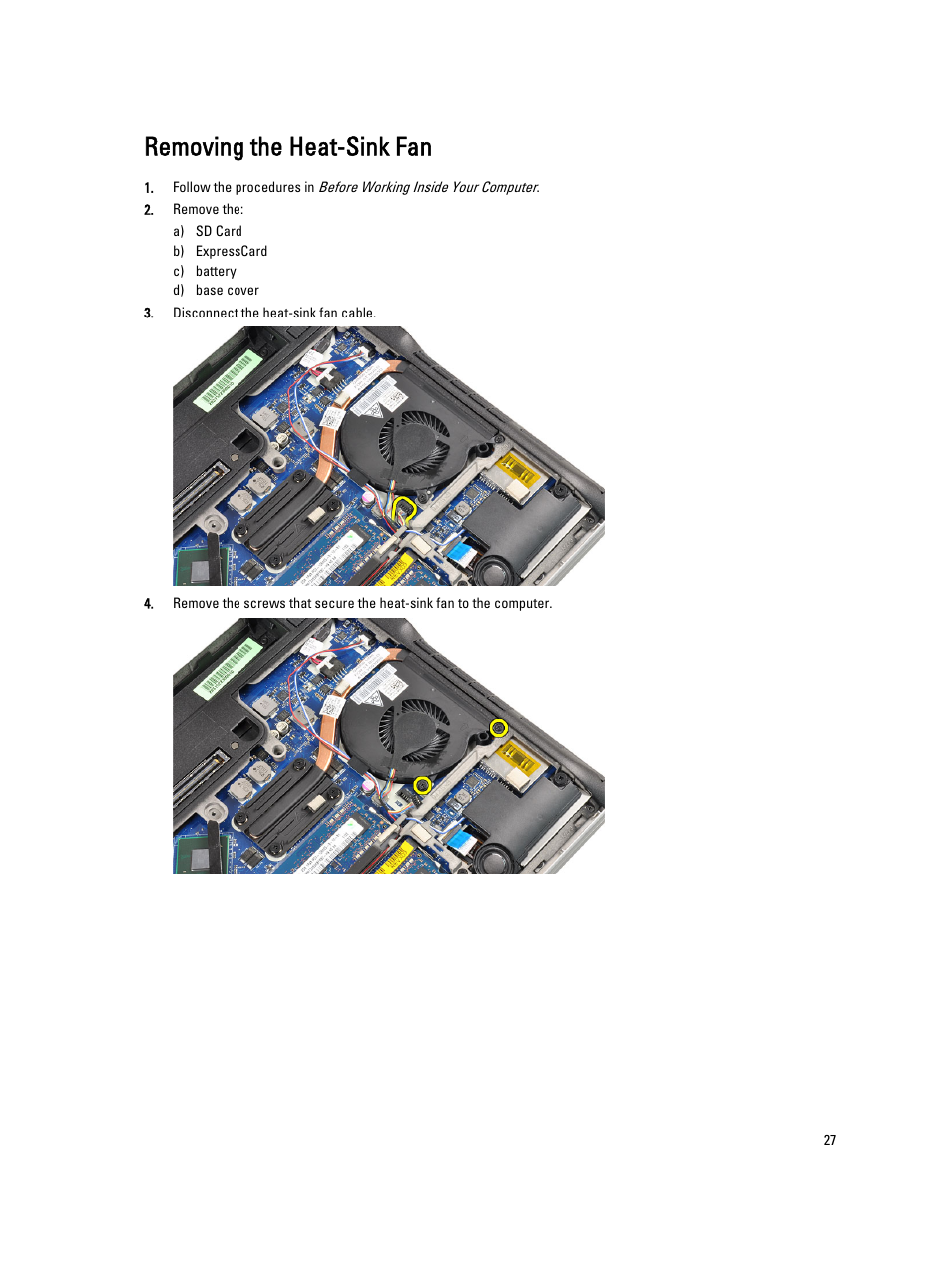 Removing the heat-sink fan | Dell Latitude E6230 (Mid 2012) User Manual | Page 27 / 81