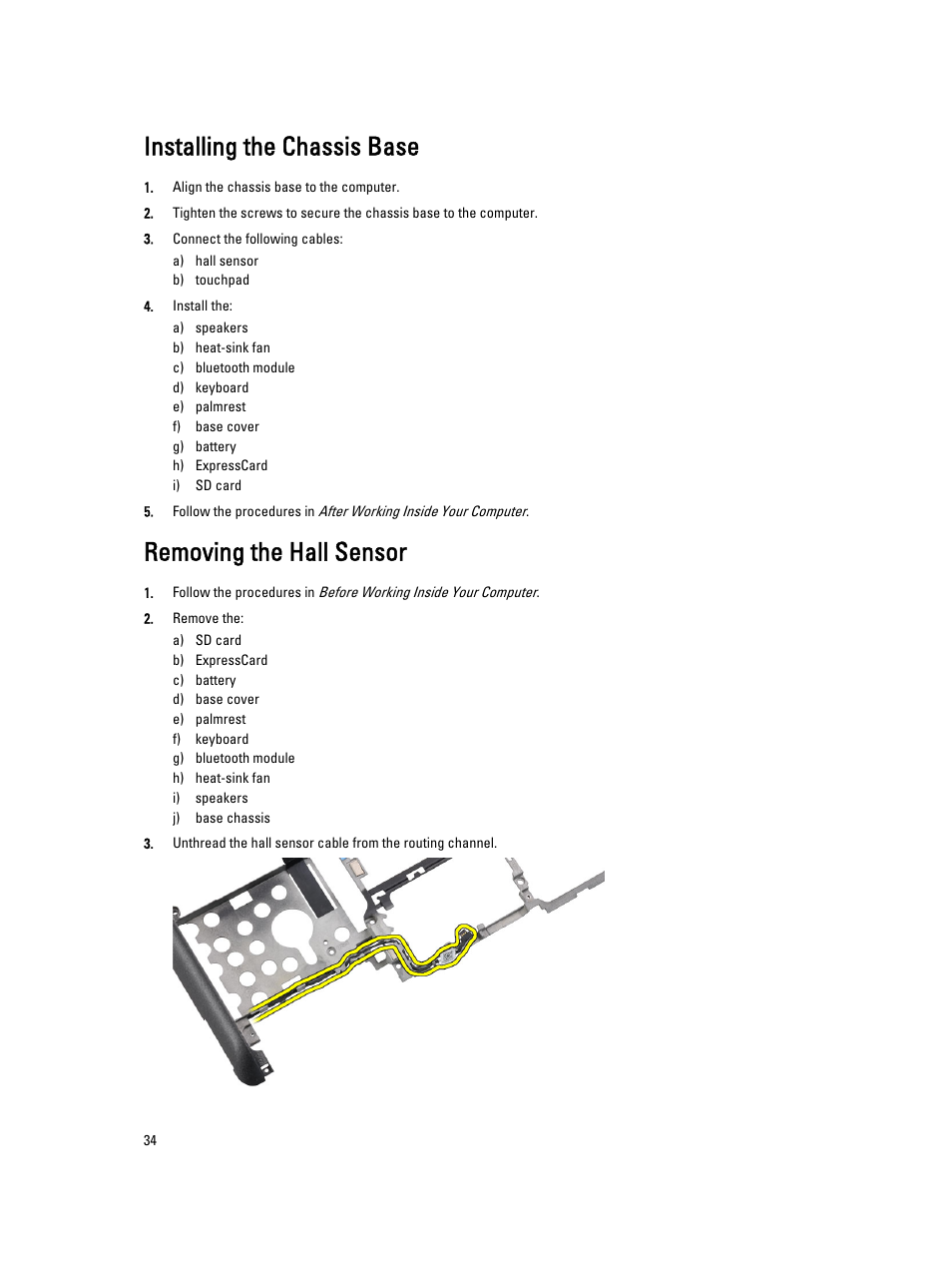 Installing the chassis base, Removing the hall sensor | Dell Latitude E6230 (Mid 2012) User Manual | Page 34 / 81
