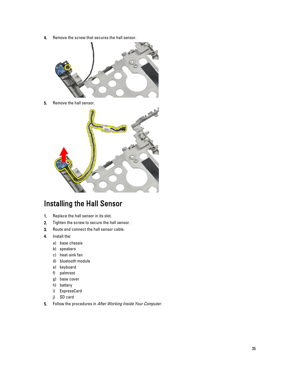 Installing the hall sensor | Dell Latitude E6230 (Mid 2012) User Manual | Page 35 / 81