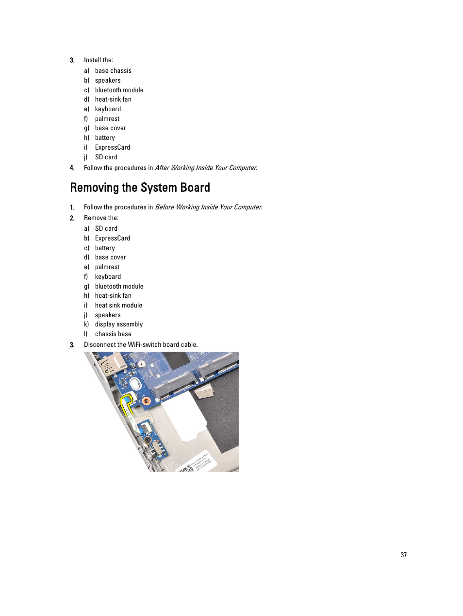 Removing the system board | Dell Latitude E6230 (Mid 2012) User Manual | Page 37 / 81